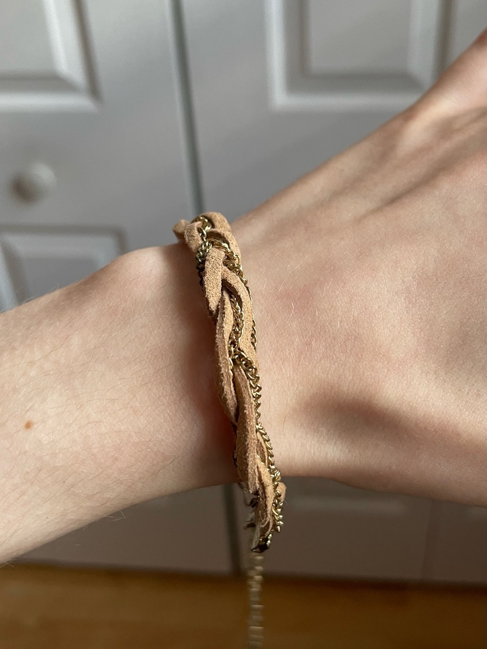 Braided Tan Suede and Gold Chain Bracelet - Women's Jewelry